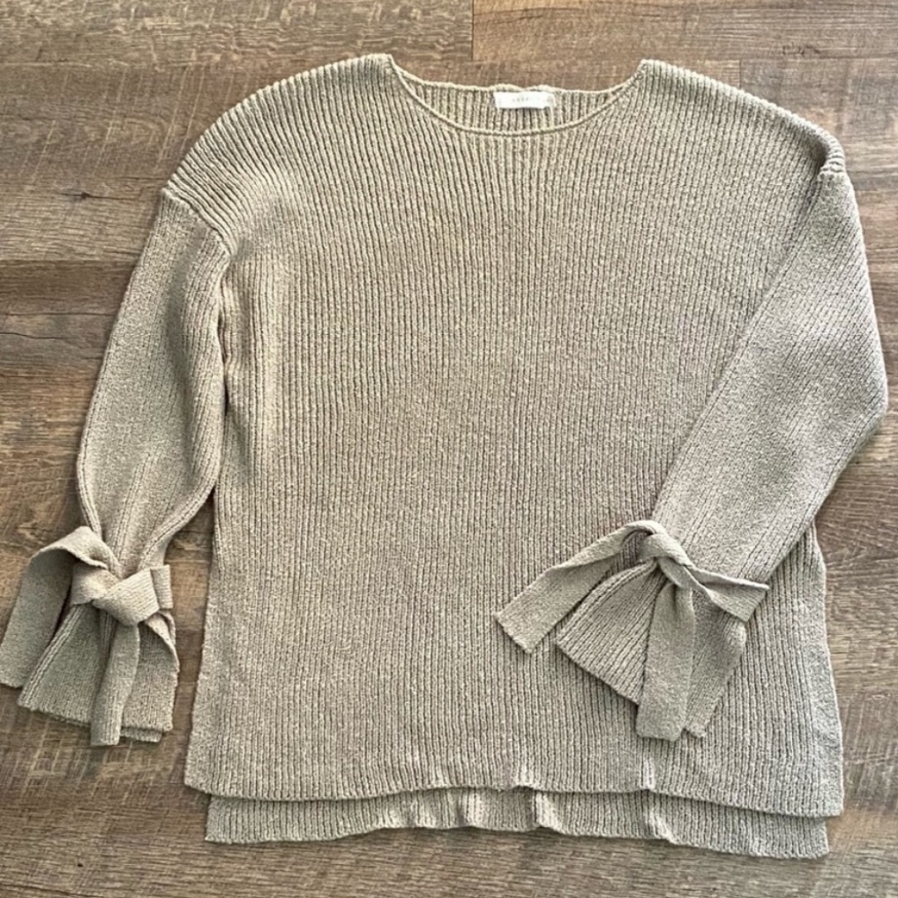 LUSH Hi Lo Tie Sleeve Ribbed Sweater Medium Light Brown Taupe
